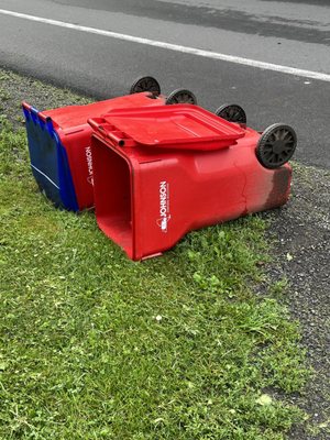 They just throw my can in the ditch as I was standing on the porch. They also left trash that fell out.