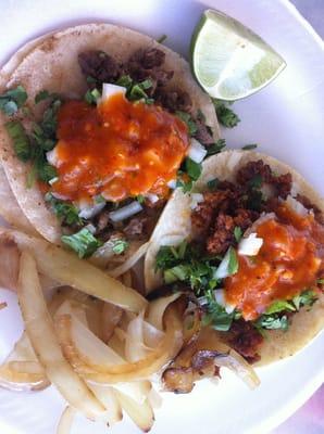 Carne asada and chorizo tacos