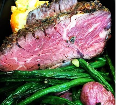 Coffee Crusted Flank Steak with Roasted Green Beans and Smashed Rutabaga