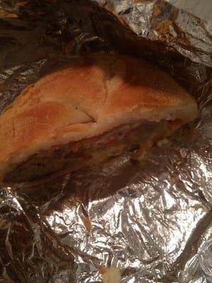 Half of my stuffed turkey burger !!! Stuffed with cheddar cheese , mushrooms, & roasted peppers ... #Amazing