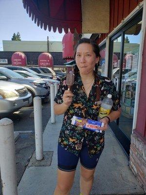 Katie, one of the owners, grabbing a snack after her ride.