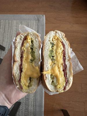 Turkey Bacon, Eggs and Cheese Sandwich with Jalapeños