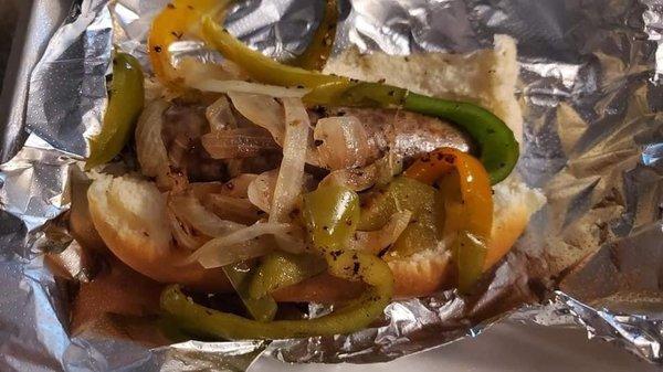 Italian Sausage sandwich with grilled onions and peppers!!