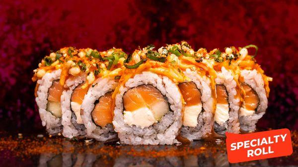 Try our Spicy Philly Roll! Salmon, cucumber, and cream cheese roll topped with spicy krab and mango habanero and sweet soy sauce!