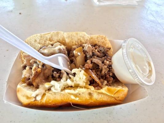 Original Philly Cheesesteak with provolone instead of cheese whiz and a side of garlic aioli.