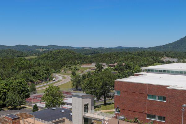 A view of the mountains looking over Dellinger Hall.