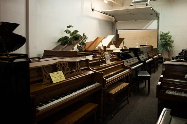 The piano showroom at the Maryland Music Academy - we have great deals on pianos and piano lessons!