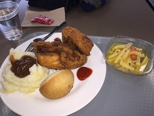 (spicy) fried chicken meal, w/ mashed potatoes (and beef gravy), chicken noodle soup, and a biscuit