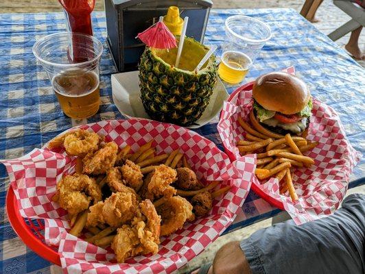 Shrimp basket, burger and bevies!