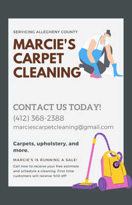 Call today and book your appointment! 
(412) 368-2388
marciescarpetcleaning@gmail.com