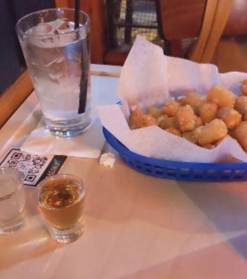 Pickleback shot and tater tots!