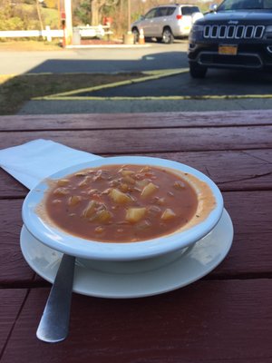 Manhattan Clam Chowder with my Spanikopita Order