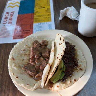 Carne guisada and Barbacoa con aguacate