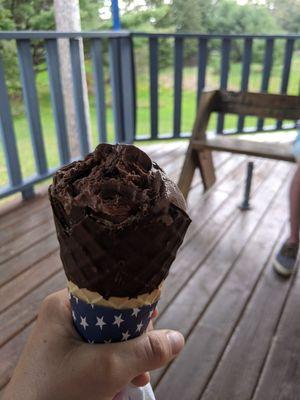 Can't remember the flavor..... But in a chocolate waffle cone!