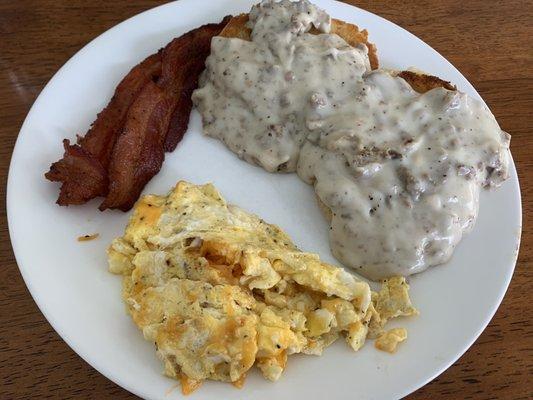 Biscuit & Gravy with cheese eggs and bacon