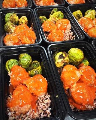 BUFFALO TURKEY MEATBALLS + ROASTED BALSAMIC BRUSSELS SPROUTS + TARRAGON WILD RICE