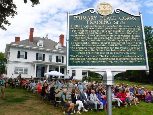 New sign commemorating SIT for its role as a primary training center for the Peace Corps in its early years.