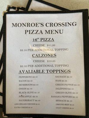 Pizza menu