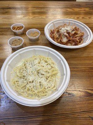 Bolognese and Cacio e Pepe (Garlic, Saffron, and Hazel toppings featured)