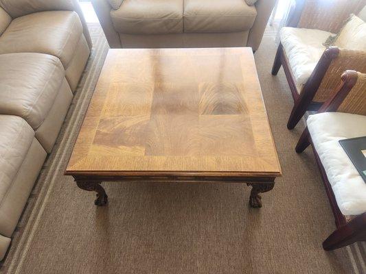 Coffee table before. Lots of fine scratches and a few small dings on edges probably not visible in photo