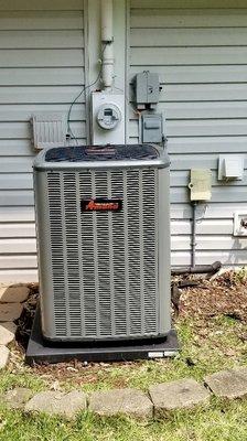 New Amana ASX130301 Central AC condensing unit installed by NLB HEATING & COOLING in Lily Cache, in Plainfield, Illinois on June 8th, 2019.