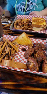 Rib Tips , Pulled Pork Grilled cheese with chihuahua cheese and hand cut fries.