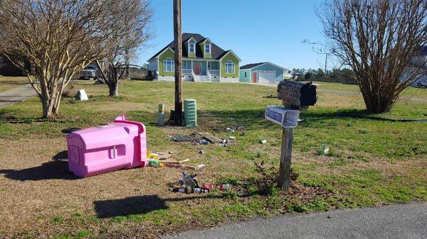 Recycle never picked up after a week. Had to pick up this mess in 2 yards because the bin was blown over.