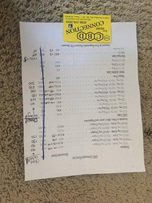 Price sheet for Dewey The CBD Connection . Chino Valleys prices from their web site. ( hand written in )