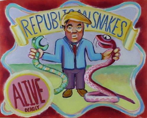 Republican snakes was inspired by circus banners. This original oil painting is 16x20" on canvas board.