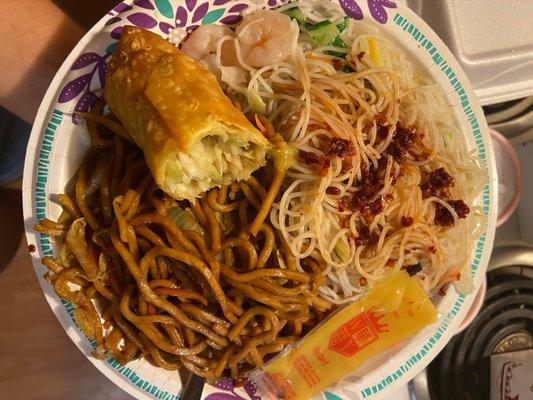 Shrimp egg roll, shrimp mai fun, and vegetable lo mein