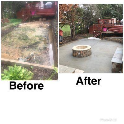 Concrete Patio with fire place & benches