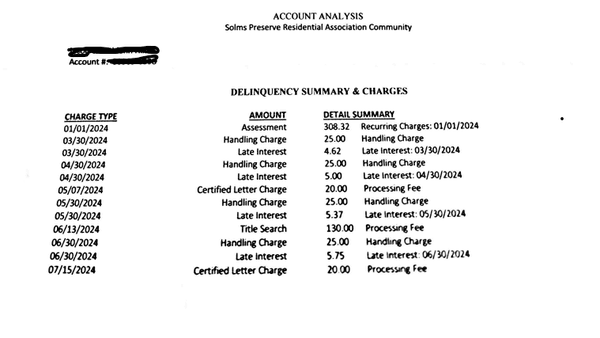 Comprehensive list of fees applied to our account over a $300 discrepancy.