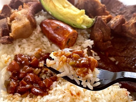 Beans and white rice with Bandeja Paisa