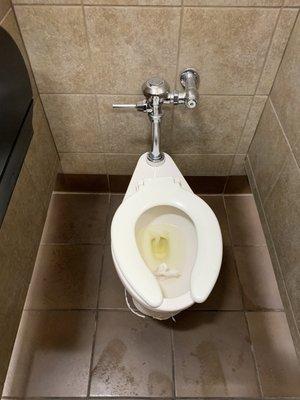 Disgusting toilet with dirty toilet seat, & people don't know how to flush.