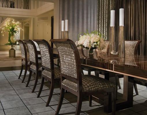 Contemporary Interior Design featuring Dakota Jackson Dining Table, Custom Dining Chairs,  and Phillip Jeffries Wallcoverings.