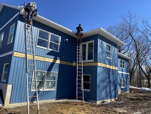 Gutters and downspouts on a new construction