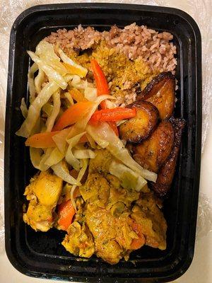 Curried Chicken Rice & PeasRice Steam cabbage Fried Plantains (4-6pcs)