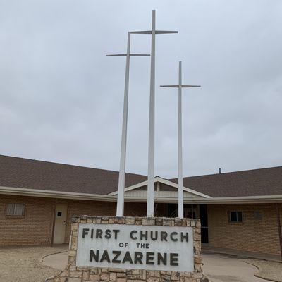 Crosses above the sign for the First Church Of the Nazarene