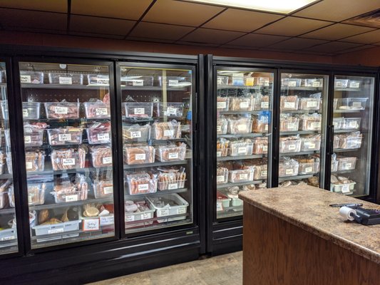 The brat selection at Konop's Meats.