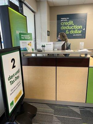 Reception desk at H&R Block. Two days until Tax Day!