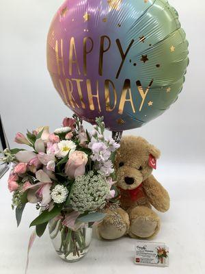 Pink Birthday Bouquet With Balloon & Stuffed Bear