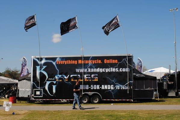 K and G Cycles motorcycle trailer in Thunder Alley.