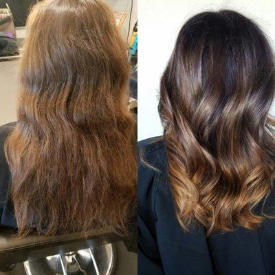 Great before and after, I darkened the base and blended out to a beautiful Balayage