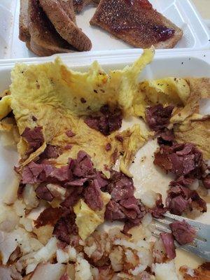 Pastrami omelet with Swiss cheese hash Browns wheat toast hardly no cheese and the  omelet started tasting nasty.