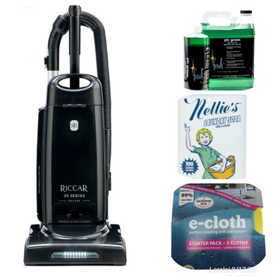 Riccar R25D Upright Vacuum; Fred's Fine Cleaning PTC cleaner; Nellie's Laundry Soda; E-Cloth microfiber cloths.