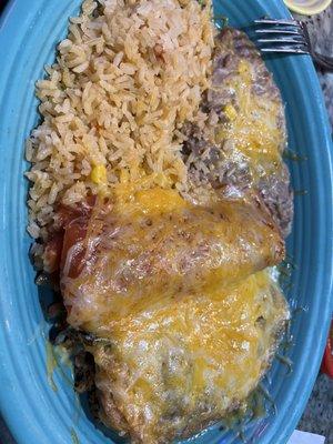 One Chile Relleno, One Enchilada, rice and beans