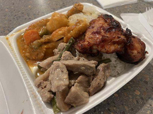 3 meat combo with Chicken Inasal (grilled), Chicken Caldereta (stew) & Bicol Express (mildly spicy pork stew) plus rice and pancit bihon