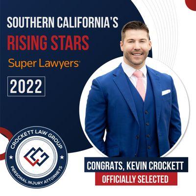 Kevin Crockett, personal injury lawyer, officially selected to Southern California's Rising Stars list by Super Lawyers Magazine for 2022.