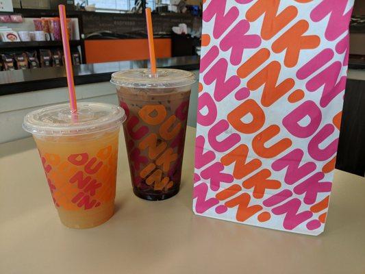 Iced apple cider, iced mocha latte with almond milk and hash browns.