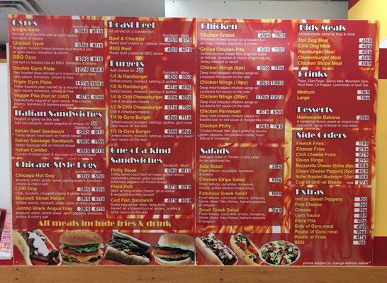 Menu board and prices as of 2/17/2018.